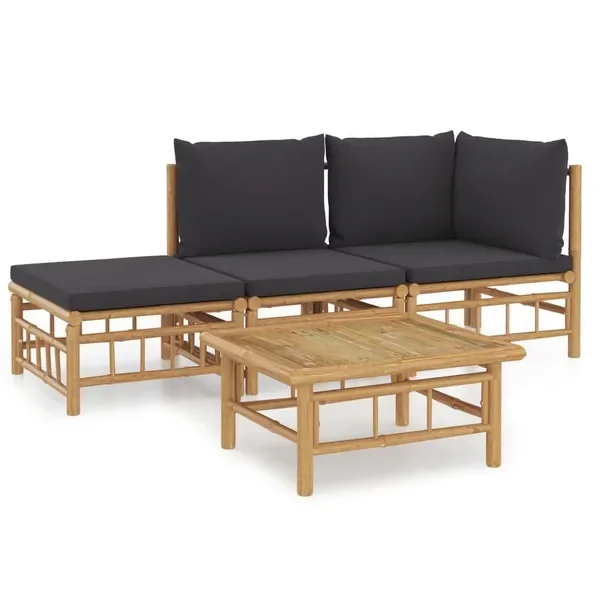 Zestaw Wypoczynkowy do Ogrodu z Bambusa: Sofa, Stół, Podnóżek, Poduszki