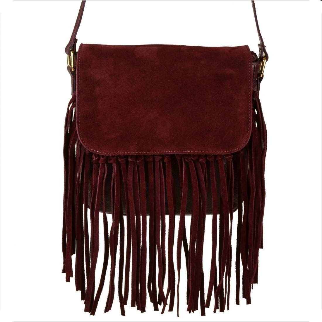 Vera Pelle włoska listonoszka z frędzlami skóra naturalna zamszowa i licowa bordowa