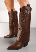Kozaki damskie - Brązowe Kozaki Kowbojki na Stożku z Tłoczeniem na Wywiniętej Cholewce Arliona - Renee - miniaturka - grafika 1