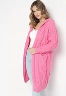 Swetry damskie - Różowy Niezapinany Długi Kardigan z Kapturem Wanharice - miniaturka - grafika 1