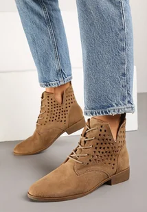 Ciemnobeżowe Botki z Ażurową Cholewką i Wycięciem oraz Skórzaną Wkładką Elixa - Botki damskie - miniaturka - grafika 1