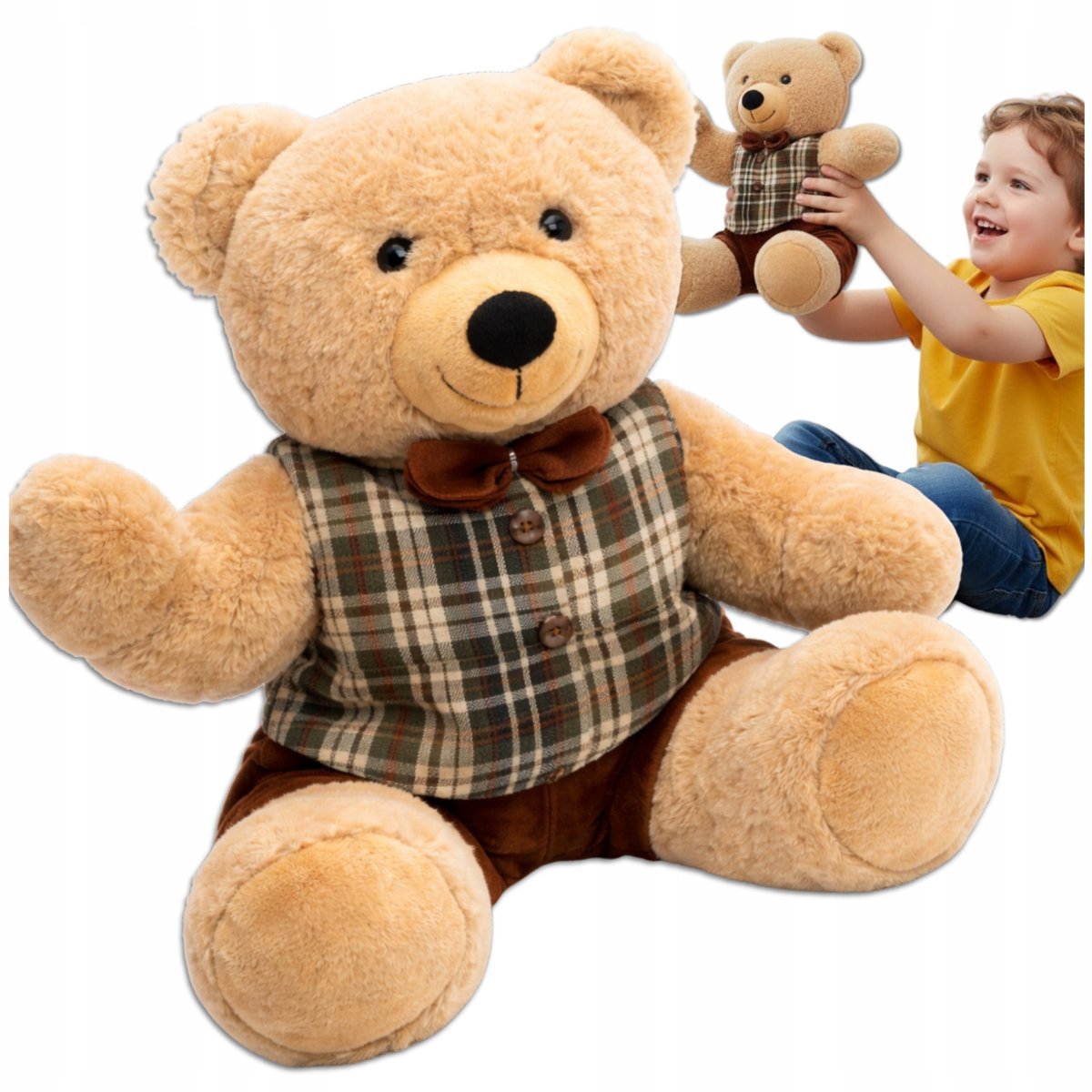 Miś pluszowy maskotka przytulanka prezent miś w ubranku kratka brązowa 30 cm