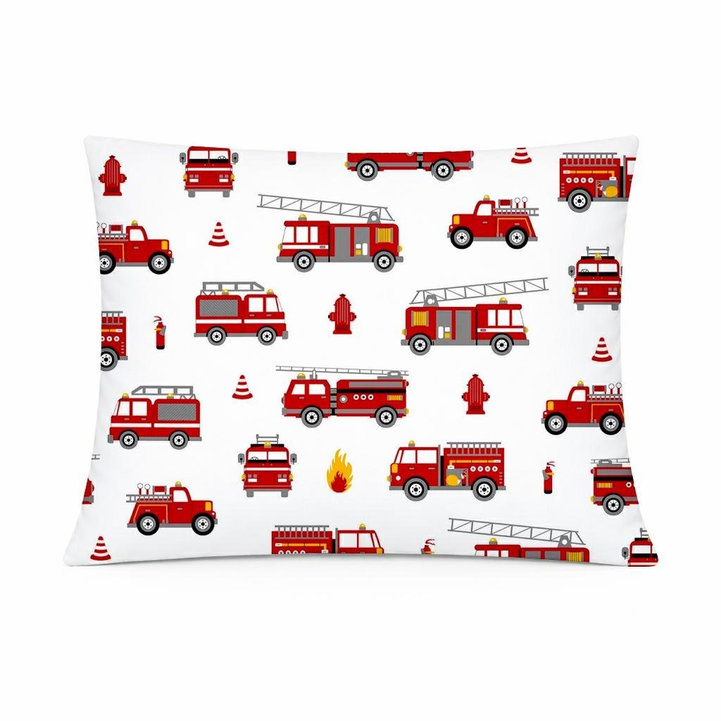 Poszewka bawełniana 50x60 biała w czerwone wozy strażackie, dziecięcy nowoczesny - COTTON HOME KIDS
