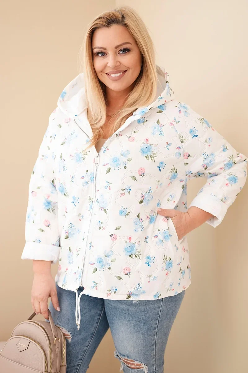 Niebieska pikowana kurtka damska Plus Size z kapturem i regulacją