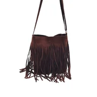 Torebki damskie - Damska Torebka Boho Torba na Ramię z Frędzlami Ciemno Brązowa - miniaturka - grafika 1