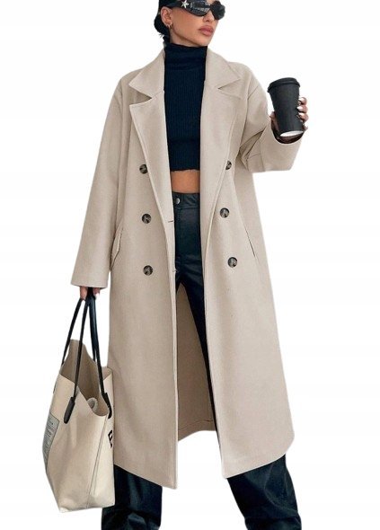 Shein Płaszcz Dwurzędowy Damski Gładki Beżowy M Łyc