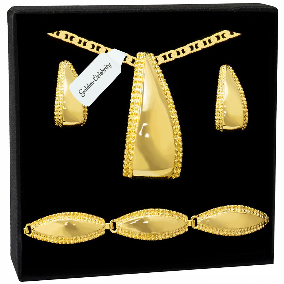 POZŁACANY KOMPLET BIŻUTERII NASZYJNIK ZAWIESZKA KOLCZYKI BRANSOLETKA 45 CM