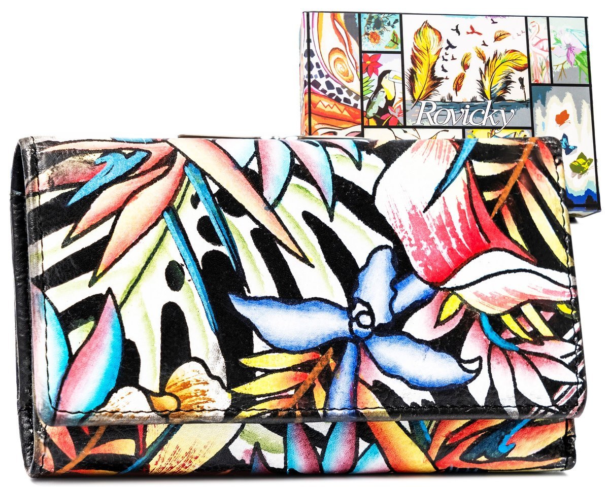 Portfel damski skórzany Rovicky na zatrzask modna portmonetka na karty i dokumenty z ochroną RFID, różnokolorowy pomarańczowy