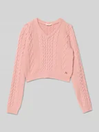 Swetry dla dziewczynek - Sweter krótki z dzianiny z detalem z logo - miniaturka - grafika 1