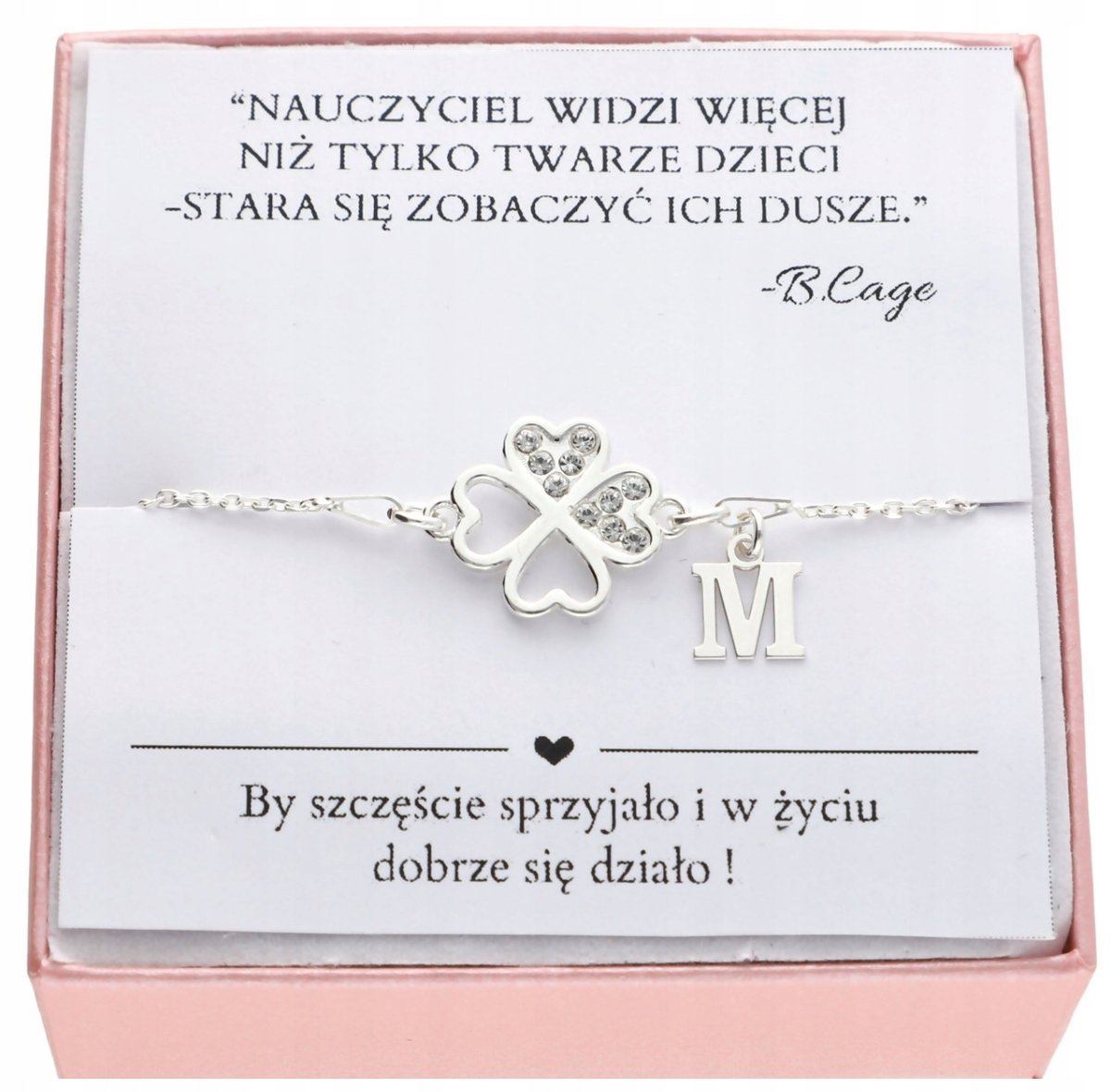 Bransoletka na DZIEŃ NAUCZYCIELA z koniczynką DOWOLNA LITERKA SREBRO 925
