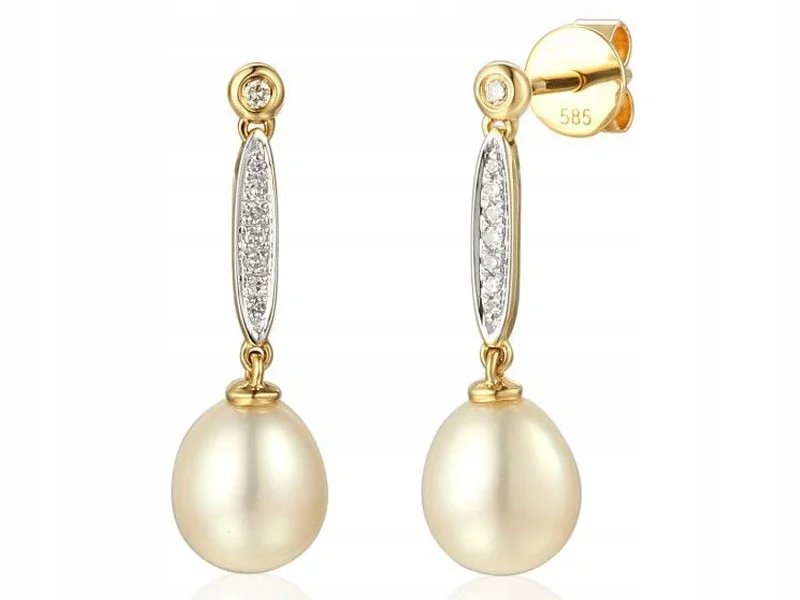 Złote kolczyki białe perełki 585 perły z diamentami eleganckie sztyfty 14k