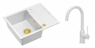 Zlewozmywaki z baterią - Quadron Unique Zlewozmywak granitowy jednokomorowy 62*50*22 cm z ociekaczem MORGAN 116 SNOW WHITE z syfonem Push-2-Open w kolorze złotym z baterią INGRID Q LINE kolor biały mat - miniaturka - grafika 1