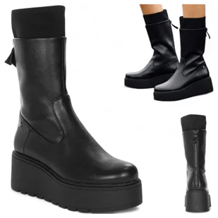Damskie Botki Maciejka SKÓRZANE Wysokie na Platformie Wsuwane Czarne 36 - Botki damskie - miniaturka - grafika 1