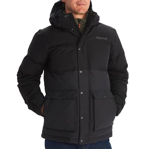 Marmot Meżczyzni Fordham Jacket, Ciepła Kurtka Puchowa, Ocieplany Płaszcz Zimowy z Kapturem, Wiatroszczelna Kurtka Puchowa, Lekka Kurtka Outdoorowa z Możliwością Spakowania, Black, L