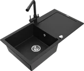 Zlewozmywaki z baterią - Mexen Leo zlewozmywak granitowy 1-komorowy z ociekaczem i baterią kuchenną Duero, czarny - 6501-77-671600-70 - miniaturka - grafika 1