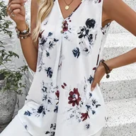 Koszule damskie - TEMU Damski Letni Casualowy Ruffle Irregular Hem Floral Print Bez Rękawów V-Neck Shirting Top - miniaturka - grafika 1