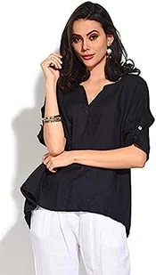Bonateks, Tunezyjska górna część kołnierza z długimi nakładanymi rękawami, 100% len, rozmiar DE:42, rozmiar US:XL, topy, granatowe - wyprodukowano we Włoszech, niebieski, 42 - Koszulki i topy damskie - miniaturka - grafika 1