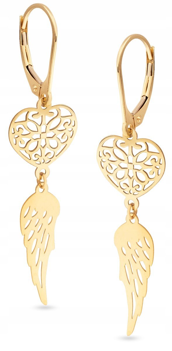 PIĘKNE ZŁOTE KOLCZYKI WISZĄCE SERCE SKRZYDŁO 585