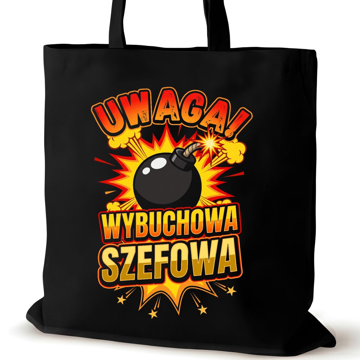 Torba bawełniana dla szefowej czarna na ramię napisem pracy duża bombowy