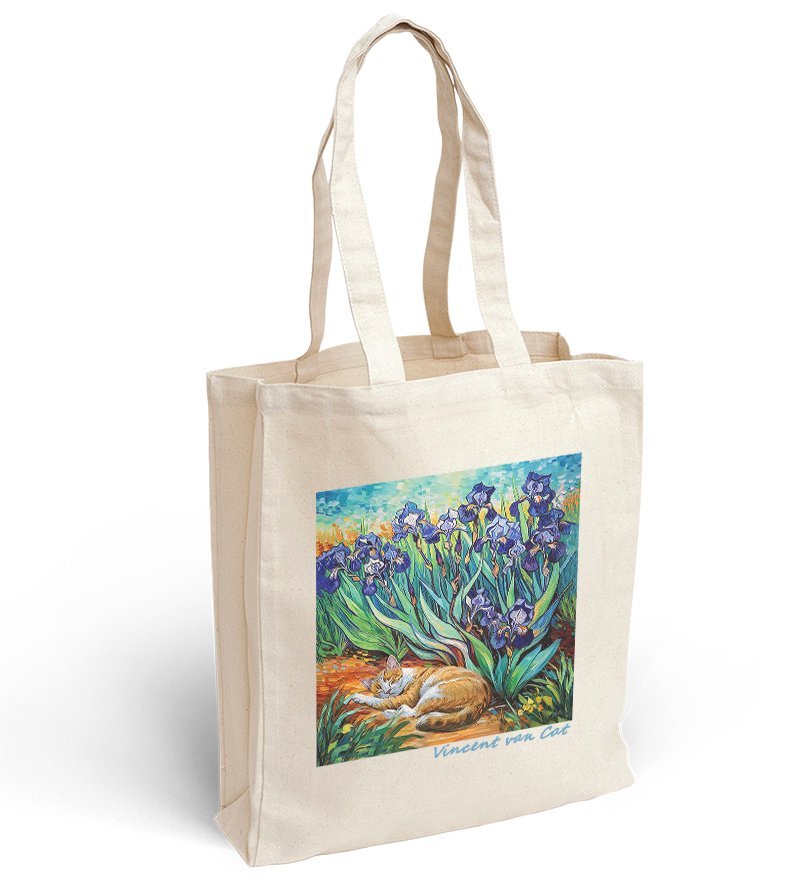 Torba bawełniana z nadrukiem kot śpiący w irysach Vincent van Cat