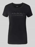 Koszulki i topy damskie - T-shirt z obszyciem ozdobnymi kamieniami i okrągłym dekoltem - miniaturka - grafika 1