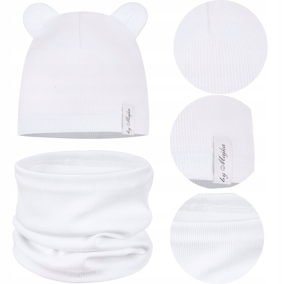 CZAPKA + KOMIN komplet DZIECIĘCY z USZKAMI JESIEŃ JESIENNY 42-46 BIAŁY