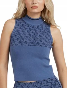 GUESS NIEBIESKA BLUZKA DAMSKA BEZ RĘKAWÓW Z GOLFEM I WZOREM S GMB - Bluzki damskie - miniaturka - grafika 1