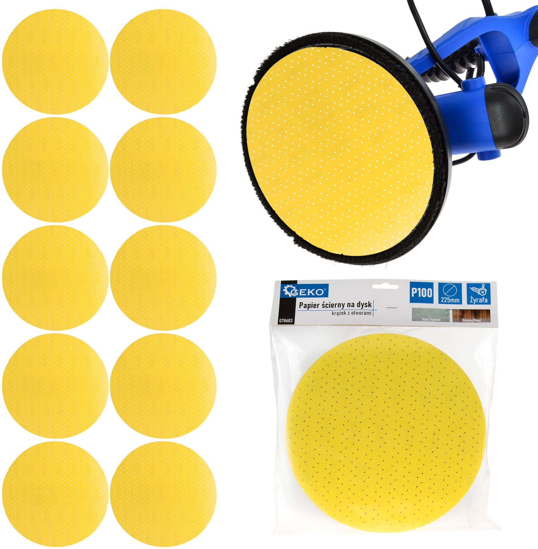 Geko Papier ścierny na dysk – krążek z otworami 225mm P100 /żyrafa/ 10/100/500