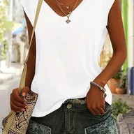 Bluzki damskie - TEMU Damska swobodna koszulka bez rﾄ冖awﾃｳw z dekoltem w ksztaﾅＤie litery V - jednokolorowa, lekka mieszanka poliestru, luﾅｺny krﾃｳj na wiosnﾄ�/leto, s - miniaturka - grafika 1