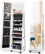 Biżuteria - akcesoria - COSTWAY Szafka na biżuterię na kółkach, zamykana szafka z lustrem z oświetleniem LED i regulowanymi półkami, stojący stojak na biżuterię z lustrem na całej długości na naszyjniki, kolczyki, makijaż (biały) - miniaturka - grafika 1