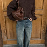 Swetry damskie - TEMU Sweter Damski w Kolorze Brązowym z Wzorem Kabli - Elegancki Dekolt Okrągły, Długie Rękawy, Casualowy Styl z Brązowymi Butami do Kostki i - miniaturka - grafika 1