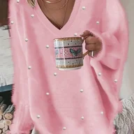 Swetry damskie - TEMU Modna Bluzka z Dekoltem w Serek, Koralikami, Luźny Fason, Długi Rękaw, Jednokolorowa - miniaturka - grafika 1