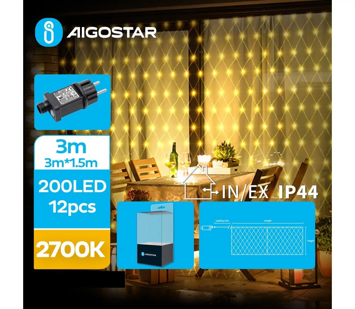Aigostar - LED Zewnętrzny łańcuch bożonarodzeniowy 200xLED/8 funkcji 6x1,5m IP44 ciepła biel