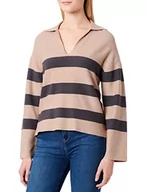 Swetry damskie - TOM TAILOR Damski Sweter z kołnierzem polo 1032599, 30189 - Beige Large Knit Stripe, XXL - miniaturka - grafika 1