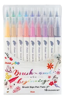 Pentel SESW30C-18 Brush Sign Pen Twin, zestaw 18 kolorów, flamastry z dwiema elastycznymi końcówkami, tusz na bazie wody, sortowany - Długopisy - miniaturka - grafika 1