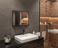 Lustra - Lustro łazienkowe z półką czarne- wys: 50 x szer: 60 cm - Nowoczesne lustro łazienkowe prostokątne - Lustro ścienne z półką - Premium - miniaturka - grafika 1