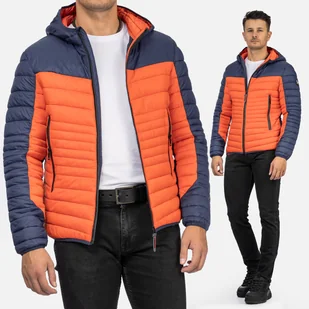 Męska kurtka przejściowa pikowana z kapturem, hydrofobowa, granatowo-pomarańczowa XXL Granatowy - Kurtki męskie - miniaturka - grafika 1