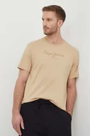 Koszulki męskie - Pepe Jeans t-shirt bawełniany Eggo męski kolor beżowy z nadrukiem - miniaturka - grafika 1