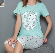 Piżamy damskie - Damska piżama krótka bawełniana z krótkim rękawem na lato L turkusowa - miniaturka - grafika 1