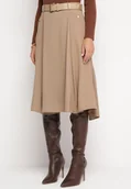 Spódnice - Beżowa Rozkloszowana Spódnica z Paskiem z Ekoskóry Fortensja - miniaturka - grafika 1