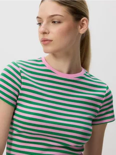 Reserved - Bawełniany t-shirt w paski - zielony - Koszulki i topy damskie - miniaturka - grafika 1