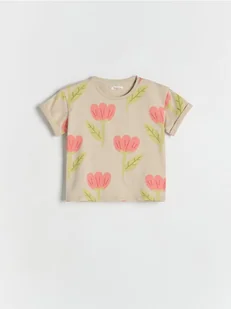 Reserved - Bawełniany t-shirt z nadrukiem - beżowy - Bluzki dla niemowląt - miniaturka - grafika 1