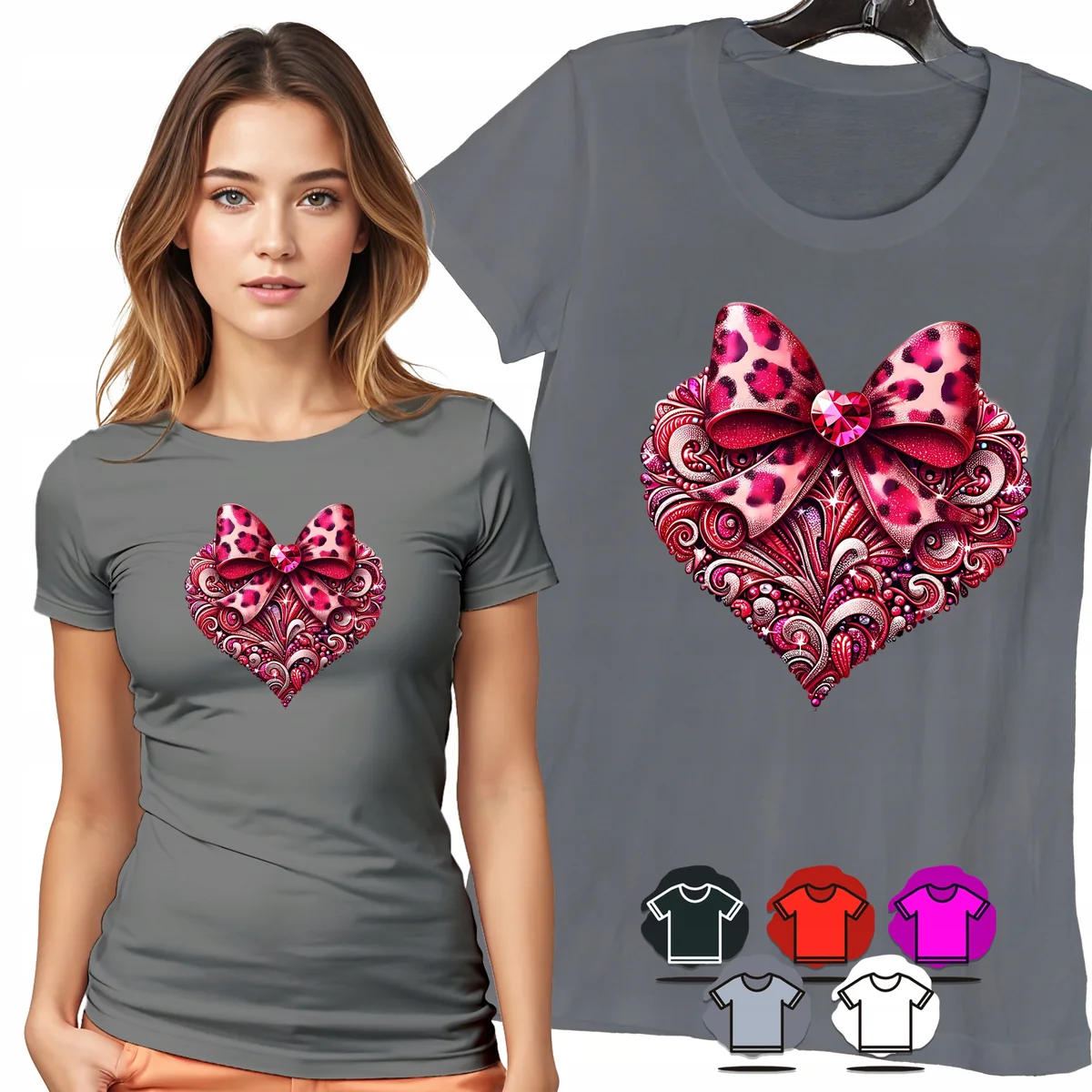 KOSZULKA DAMSKA T-SHIRT - SERCE PANTERKA KOKARDA RÓŻOWY WZÓR DAMSKI - M