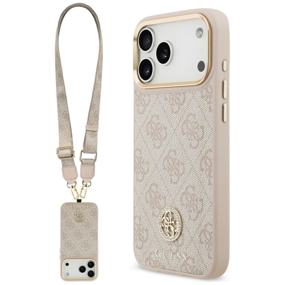 Etui Guess 4G Strass Logo & Big Strap Metal Buttons MagSafe do iPhone 17 Pro Max różowy