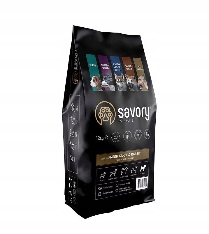 SAVORY KARMA SUCHA Z KACZKĄ I KRÓLIKIEM DLA PSÓW DOROSŁYCH WSZYSTKICH RAS 12 KG