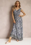 Sukienki - Niebiesko-Granatowa Wiskozowa Sukienka Maxi o Wzorze Paisley z Cienkimi Gumkami w Talii Trueth - miniaturka - grafika 1