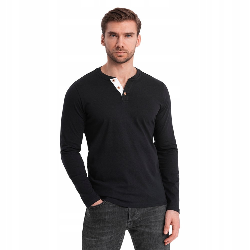 Koszulka męska długi rękaw longsleeve czarny guziki V4 OM-LSCL-0107 r. S