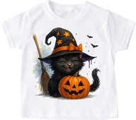 Koszulki dla dziewczynek - Biała koszulka na Dzień dyni z fajnym nadrukiem kotdynia105 - miniaturka - grafika 1