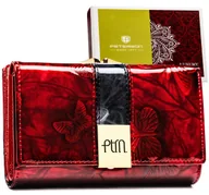 Portfele - Portfel damski na karty PETERSON skórzany lakierowany na zatrzask i bigiel ochrona RFID elegancki na prezent czerwony - miniaturka - grafika 1