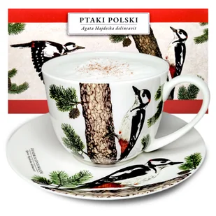 Filiżanka ze spodkiem 300ml DZIĘCIOŁ DUŻY PTAKI POLSKI porcelana prezent komplet do kawy herbaty - Filiżanki - miniaturka - grafika 1
